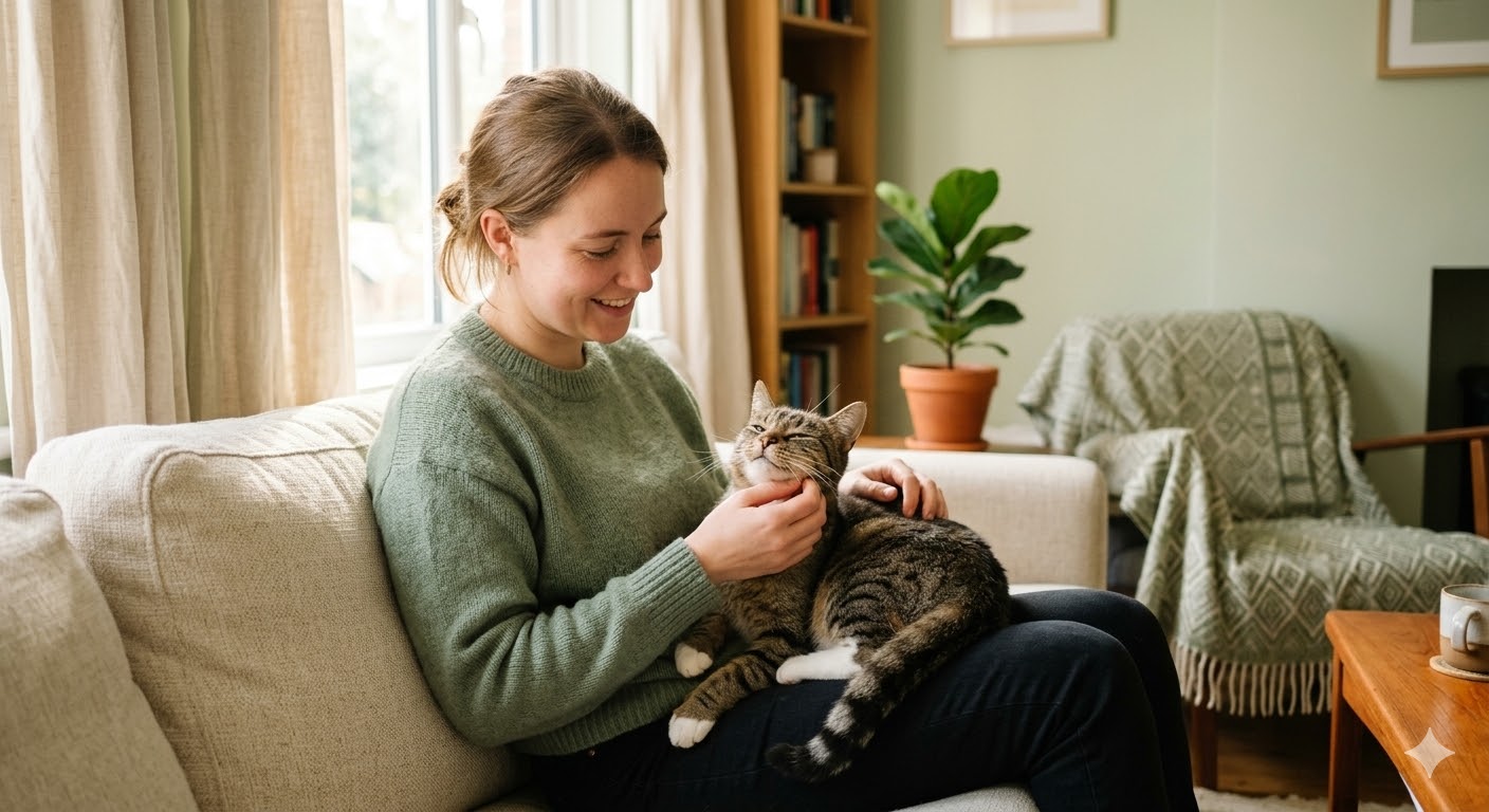 Gelukkige kat wordt geaaid door oppas
